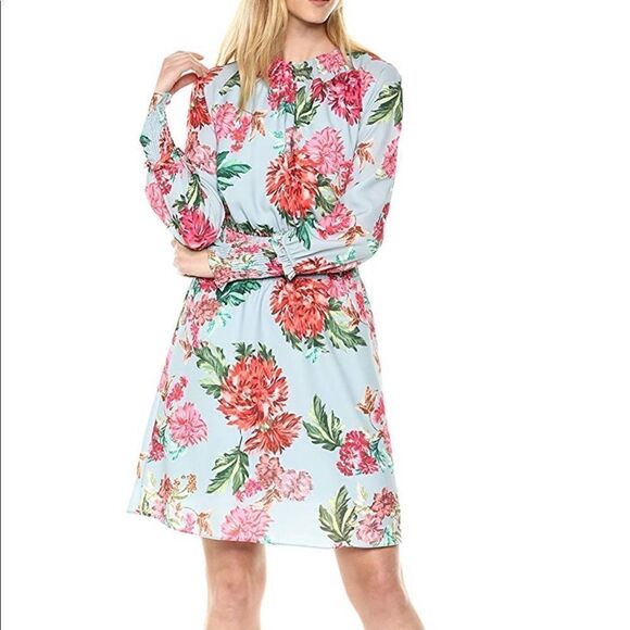 NWT Ella Moon Standard Smocked Waist Long Sleeve Blue Pink Floral Print Dress - Picture 2 of 8